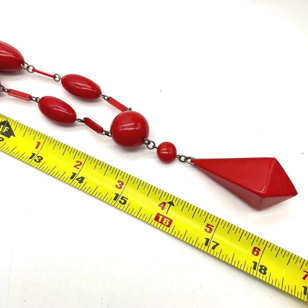 Vintage Red Geometric Resin Bead Necklace Art Deco Style Drop Pendant 30 Inch - Picture 3 of 5